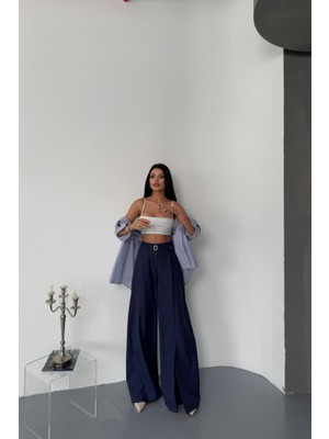 Amorluxe Salaş Önden Yırtmaç Detaylı Bel Kemerli Pantolon - Lacivert