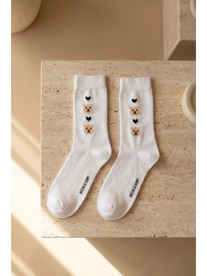Bony Socks Kadın Ayıcık Desenli Beyaz Soket Çorap
