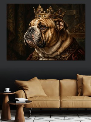 Artmeg Taç Takmış Kral Bulldog Köpeği Dekoratif Kanvas - Mdf Ahşap Tablo