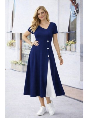 Amorluxe Kadın Kısa Kollu Asimetrik Yakalı Düğme Detaylı Midi Viskon Elbise