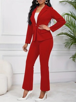 Buğrahayalin Kadın Uzun Kollu Yakalı Tek Düğme Detaylı Astarlı Ithal Krep Ceket ve Pantolon Ikili Takım
