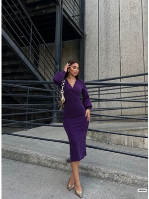 Amorluxe Kadın Kruvaze Yaka Balon Kol Simli Krep Kumaş Midi Boy Elbise