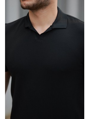 Amorluxe Erkek Yakalı Waffle Dokulu Kısa Kollu Tişört