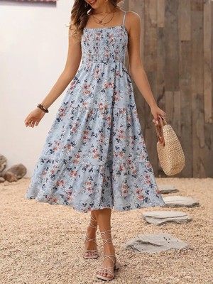 Amorluxe Kadın Ip Askılı Geniş V Yakalı Desenli Uzun Süprem Elbise