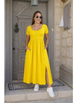 Amorluxe Kadın Kısa Kollu Yuvarlak Yaka Önden Yırtmaçlı Cepli Viskon Uzun Elbise