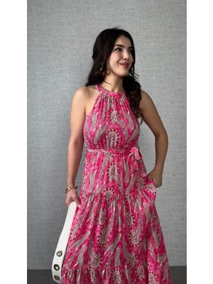 Amorluxe Kadın Omuzlardan Açık Boyundan Geçmeli Desenli Süprem Bluz