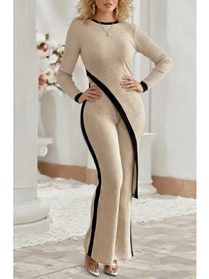 Amorluxe Kadın Uzun Kollu Bisiklet Yaka Asimetrik Kesim Bluz Şardonlu Kaşkorse Bluz ve Pantolon Ikili Takım