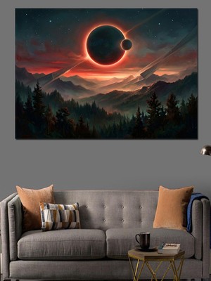 Artmeg Güneş Tutulması ve Orman Manzarası Dekoratif Kanvas - Mdf Ahşap Tablo