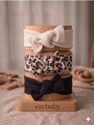 Vavbaby Kız Bebek 3’lü Ribana Fiyonklu Bandana Seti - Leopar
