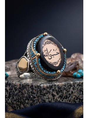 Prestige Hasbiyallah Yazılı (Allah Bana Yeter) Sıkma Kehribar Taşlı 925 Ayar Gümüş Erkek Yüzük 902629