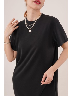 Amorluxe Yırtmaç Detaylı Kısa Kollu Salaş Maxi Siyah Elbise