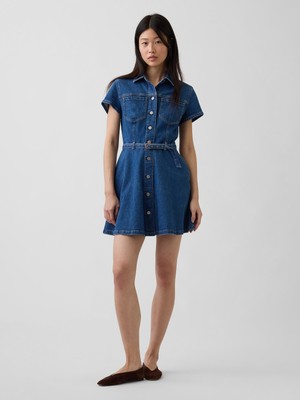 Gap Kadın Mavi Denim Kemerli Mini Gömlek Elbise