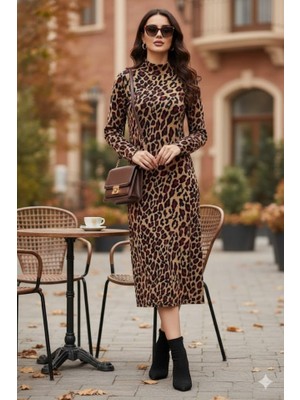 Amorluxe Kadın Uzun Kollu Balıkçı Yaka Leopar Desenli Midi Boy Elbise