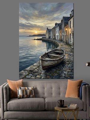 Artmeg Gün Batımında Sahil Kasabası Teknesi Dekoratif Kanvas - Mdf Ahşap Tablo