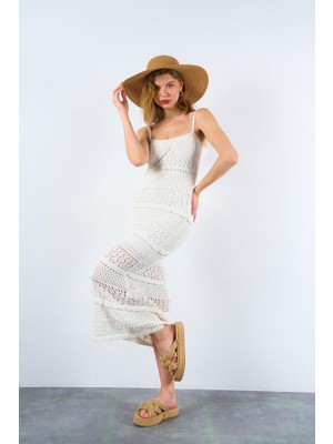 Amorluxe Ajurlu Astarlı Elbise - Ekru
