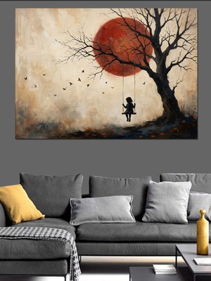Artmeg Kırmızı Güneş Altında Salıncaklı Ağaç Dekoratif Kanvas - Mdf Ahşap Tablo