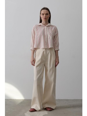 Amorluxe Çift Pileli Palazzo Pantolon - Natür