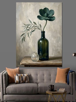 Artmeg Şişede Tek Dal Yeşil Yaprak Dekoratif Kanvas - Mdf Ahşap Tablo
