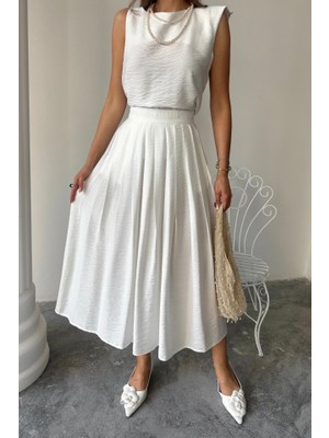 Amorluxe Keten Kolsuz Bluz - Maxi Etek Takım - Beyaz