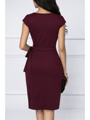 Amorluxe Kadın Kısa Kollu V Asimetrik Yaka Kesimli Yandan Bağlamalı Mini Janjan Krep Elbise