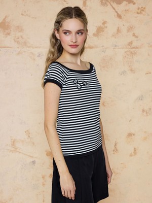 Unique Straplez Yaka Çizgili Tişört