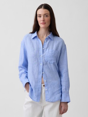 Gap Kadın Açık Mavi 100% Keten Oversize Gömlek