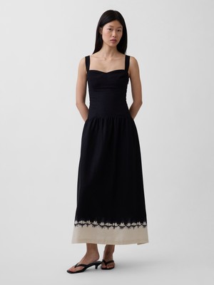 Gap Kadın Siyah Keten Karışımı Drop-Waist Korse Maxi Elbise
