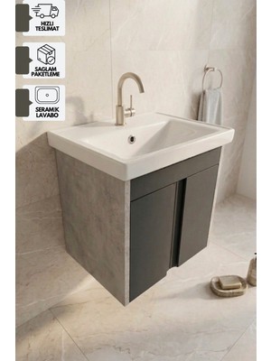 Karen Banyo Lavanta 50 cm Lavabolu Alt Banyo Dolabı, Banyo Dolabı, Seramik Lavabo Dahil , Retro Gümüş-Antrasit
