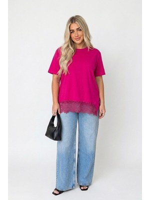 Koza Butik Kadın Büyük Beden Kısa Kollu Etek Ucu Dantel Detaylı T-Shirt 2036-26