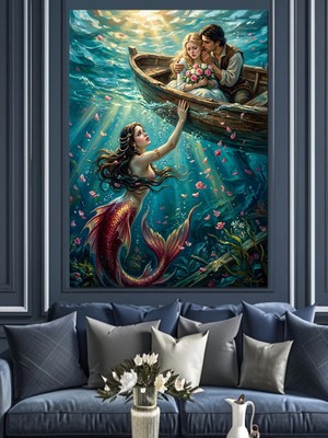 Tablomega Su Altında Deniz Kızı ve Sandal Dekoratif Kanvas - Mdf Ahşap Tablo