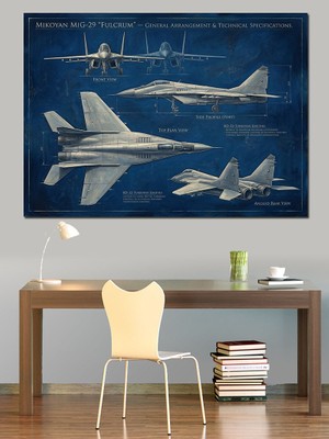 Artmeg Teknik Çizim Savaş Uçağı Planı Dekoratif Kanvas - Mdf Ahşap Tablo