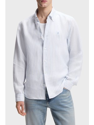 Boss Çizgili Regular Fit Klasik Yaka Uzun Kollu Keten Gömlek Erkek Gömlek 50560595 450