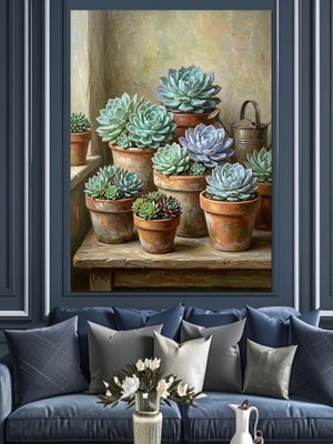 Tablomega Saksılarda Çeşitli Yeşil Sukulent Bitkileri Dekoratif Kanvas - Mdf Ahşap Tablo