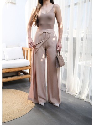 Amorluxe Keten Önü Çapraz Parçali Lasti̇kli̇ ve Bağcikli Geni̇ş Paça Pantolon