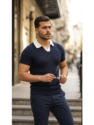 Amorluxe Erkek Desenli Kısa Kollu Triko Tişört - %100 Pamuk Akrilik