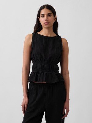 Gap Kadın Siyah Pamuklu Gauze Smocked-Waist Peplum Bluz