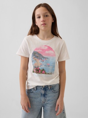 Gap Kız Çocuk Beyaz Relaxed Grafik Baskılı T-Shirt