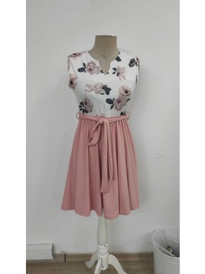 Amorluxe Kadın Sıfır Kollu V Yakalı Çiçek Baskılı Beli Kuşaklı Dalgıç Elbise