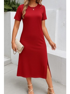 Amorluxe Kadın Kısa Kollu Bisiklet Yaka Yandan Yırtmaçlı Viskon Elbise