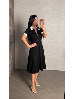Amorluxe Kadın Polo Yaka Fermuar Detaylı Modal Midi Elbise