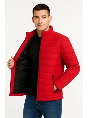 Pileli Store Bomber Mont Ceket – Su Itici Kumaş, Kapitone Astarlı, Fermuarlı, Kışlık - Kırmızı -