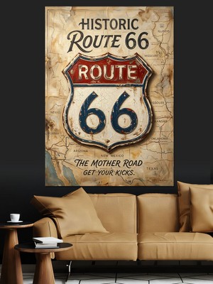 Tablomega Route 66 Nostaljik Yol Tabelası Dekoratif Kanvas - Mdf Ahşap Tablo