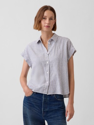 Gap Kadın Mavi Keten Karışımı Oversize Gömlek