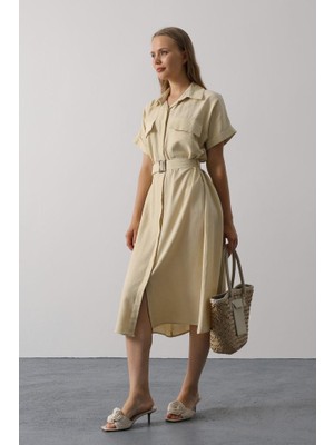 Amorluxe Kuşaklı Cep Detaylı Yarım Kol Elbise - Ekru