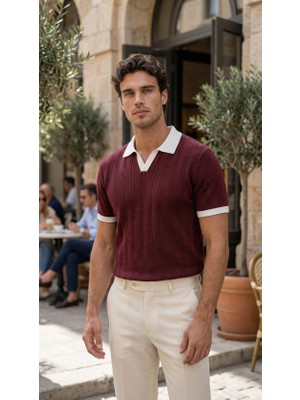 Amorluxe Erkek Örgü Desen Yakalı Kısa Kollu Triko Tişört - %100 Pamuk Akrilik