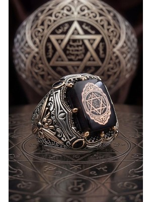 Prestige Kare Tasarımlı Hz. Süleyman Mührü 925 Ayar Gümüş  Yüzük Sıkma Kehribar Taşlı 902630