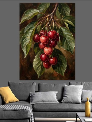 Artmeg Dalında Taze Kırmızı Kiraz Salkımı Dekoratif Kanvas - Mdf Ahşap Tablo
