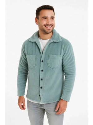 Pileli Store Pelüş Polar Hırka Gömlek – Yakalı, Ilik Düğmeli, Göğüs Cepli, Yumuşak Dokulu Kışlık Regular Fit Rahat Günlük Model - Bebe Mavisi -