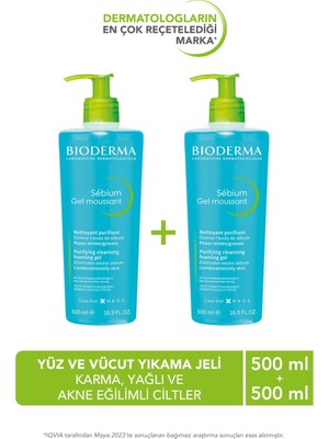 Bioderma Sebium Foaming Gel Karma Yağlı ve Akne Eğilimli Ciltler Için Yüz Temizleme Jeli 500 ml x 2 Adet