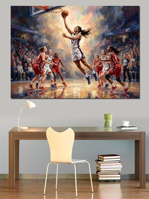 Artmeg Basketbol Oynayan Dinamik Kadın Sporcu Dekoratif Kanvas - Mdf Ahşap Tablo